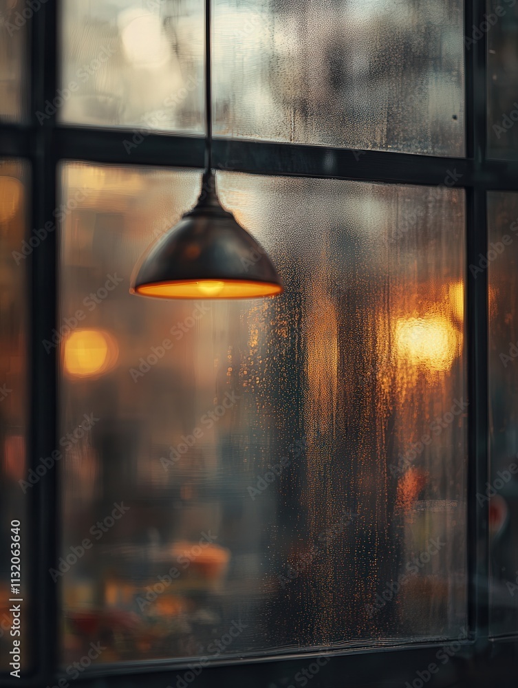 Poster the reflection of a hanging lamp on a window.