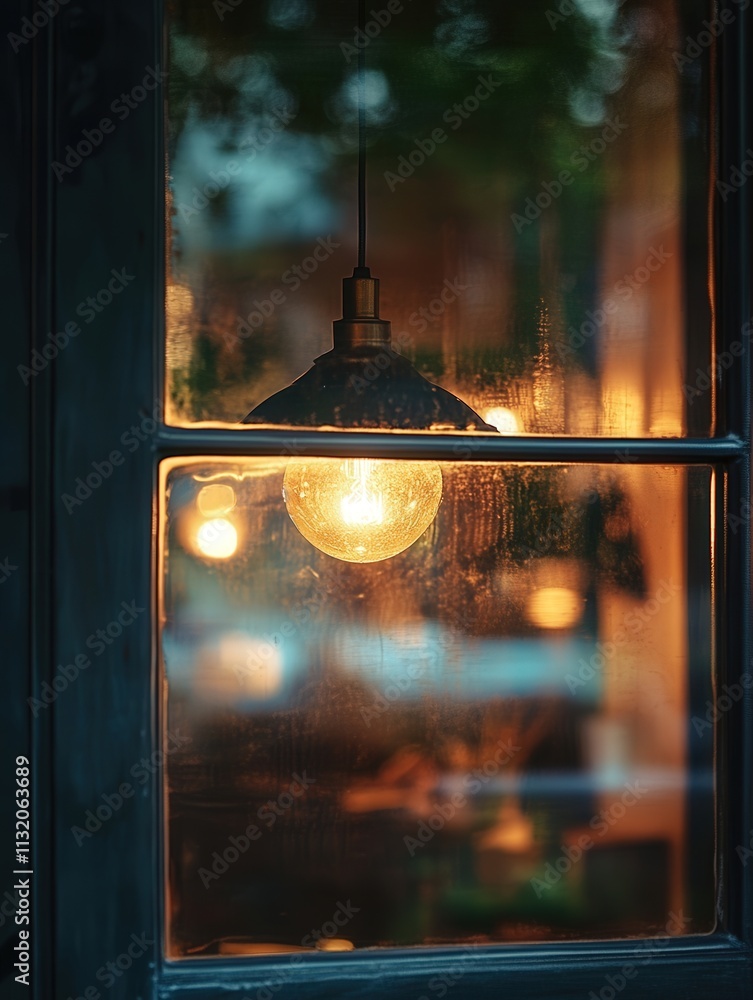 Poster the reflection of a hanging lamp on a window.