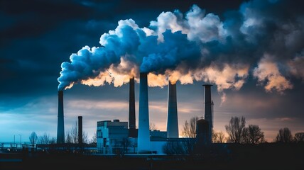 Industrial cityscape with factories emitting smoke into the atmosphere, highlighting pollution and environmental impact.