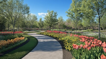 Obraz premium Vibrant Spring Garden Pathway Surrounded by Colorful Flowers