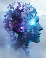 A metaphorical image of a fragmented human head with puzzle pieces slowly coming together, each piece glowing softly, representing mental health recovery. 