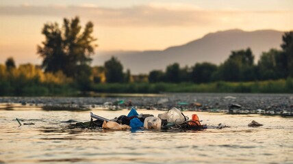 water pollution with a polluted riverbank littered with plastic waste