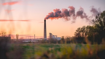 Industrial chimneys emitting thick, dark smoke into the air, symbolizing pollution and environmental concerns.