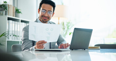 Finance, businessman and typing on laptop with document for investment report or expenses review....