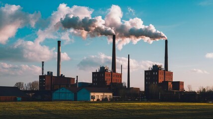 An industrial landscape with smokestacks billowing pollution into the dusk sky, highlighting environmental concerns and energy issues