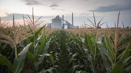 A green meadow with clear air versus a factory emitting pollution and climate change effects, 3D illustration rendering