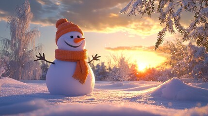Fototapeta premium Photo of a smiling snowman wearing a hat and scarf, set against a winter landscape with falling leaves in the background, during the golden hour. This concept could be used for a Christmas card. Ai