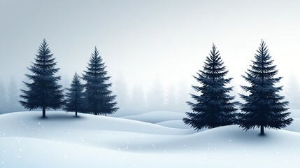 Fototapeta premium A snowy winter scene with a cluster of evergreen trees in the foreground and a row of trees in the background against a foggy sky.
