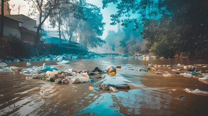 River filled with trash and plastic ecological disaster. environmental pollution