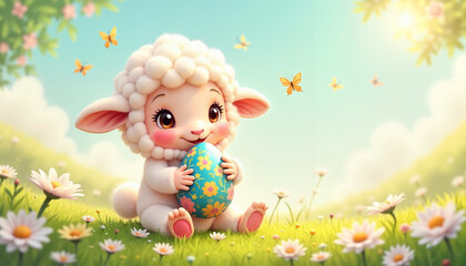 Cute lamb holding a decorated Easter egg in a blossoming meadow with butterflies