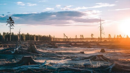 A scene of deforestation at sunset