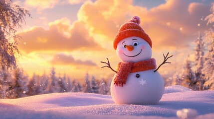 Fototapeta premium Photo of a smiling snowman wearing a hat and scarf, set against a winter landscape with falling leaves in the background, during the golden hour. This concept could be used for a Christmas card. Ai