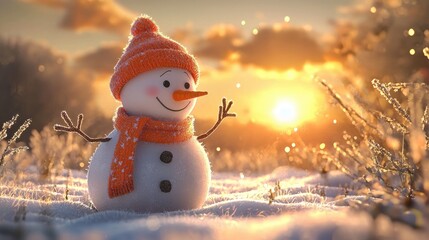 Obraz premium Photo of a smiling snowman wearing a hat and scarf, set against a winter landscape with falling leaves in the background, during the golden hour. This concept could be used for a Christmas card. Ai