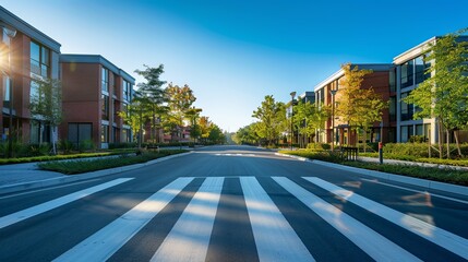 Obraz premium Sunlit Residential Street with Modern Brick Buildings and Crosswalk
