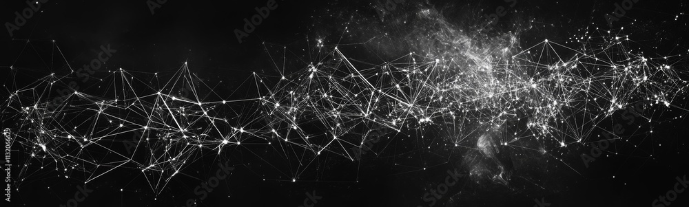 Poster abstract grayscale network connections on black background.