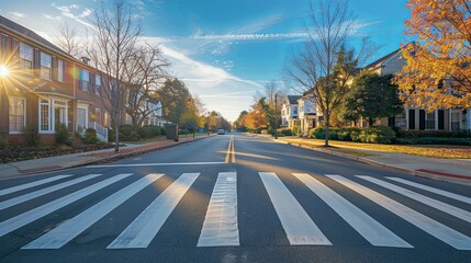 Obraz premium Sunlit Suburban Street with Crosswalk and Autumn Foliage