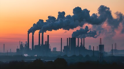Industrial smokestacks emitting pollution at sunset, environmental impact, air pollution and climate