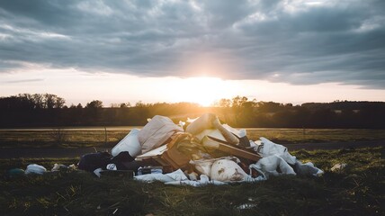 Landfill with scattered trash and plastic waste. Environmental pollution and natural damage concept.