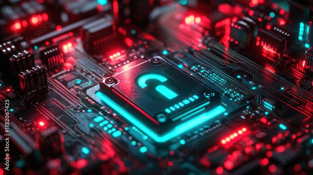 Poster digital lock for cyber security protection and data privacy on circuit board with neon lights
