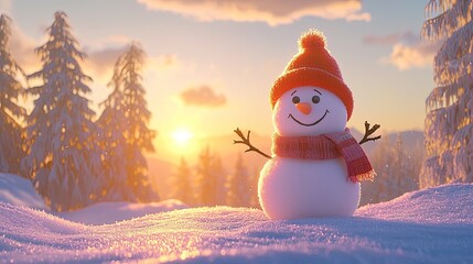 Obraz premium Photo of a smiling snowman wearing a hat and scarf, set against a winter landscape with falling leaves in the background, during the golden hour. This concept could be used for a Christmas card. Ai