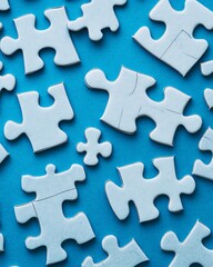Obraz premium White puzzle pieces scattered on a vibrant blue background, creating a striking contrast and symbolizing problemsolving and connection