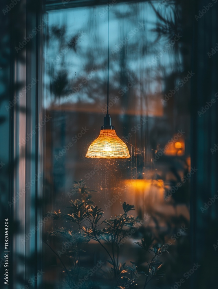 Aufkleber the reflection of a hanging lamp on a window, with its soft glow merging with the surroundings.