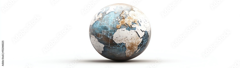 Poster a 3d rendering of a global sphere with digital networks and continents connected, symbolizing techno