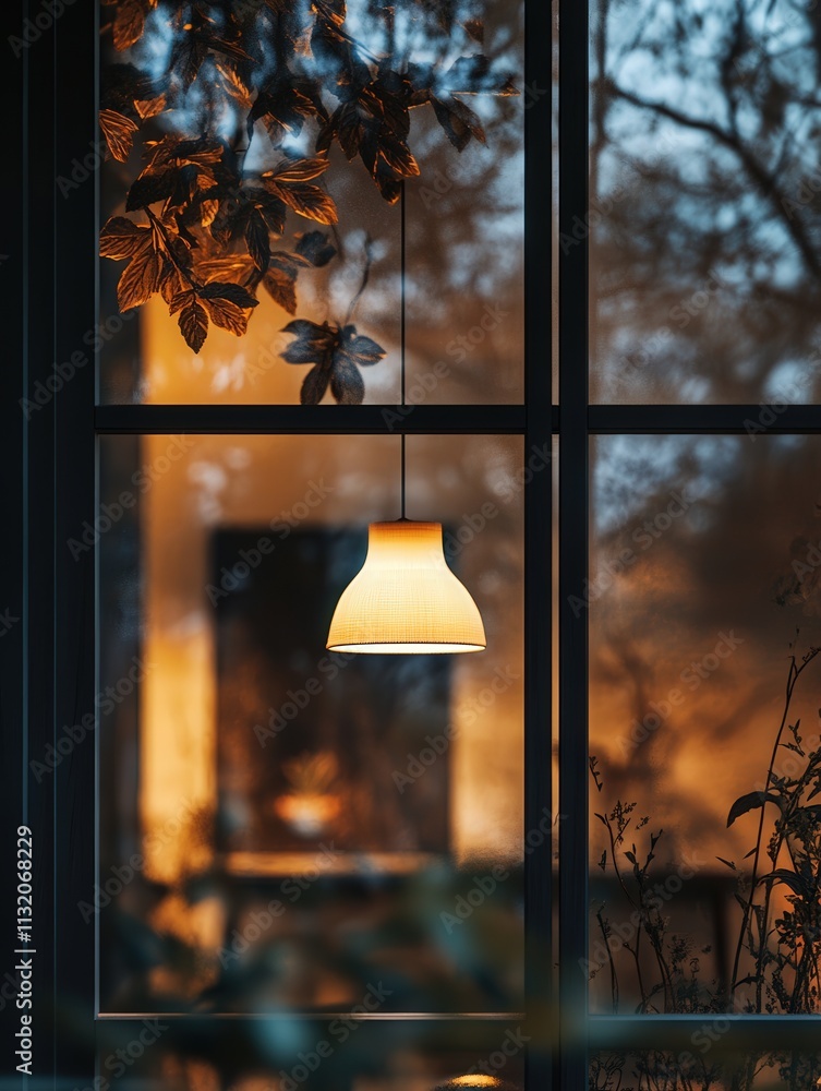 Aufkleber the reflection of a hanging lamp on a window, with its soft glow merging with the surroundings.