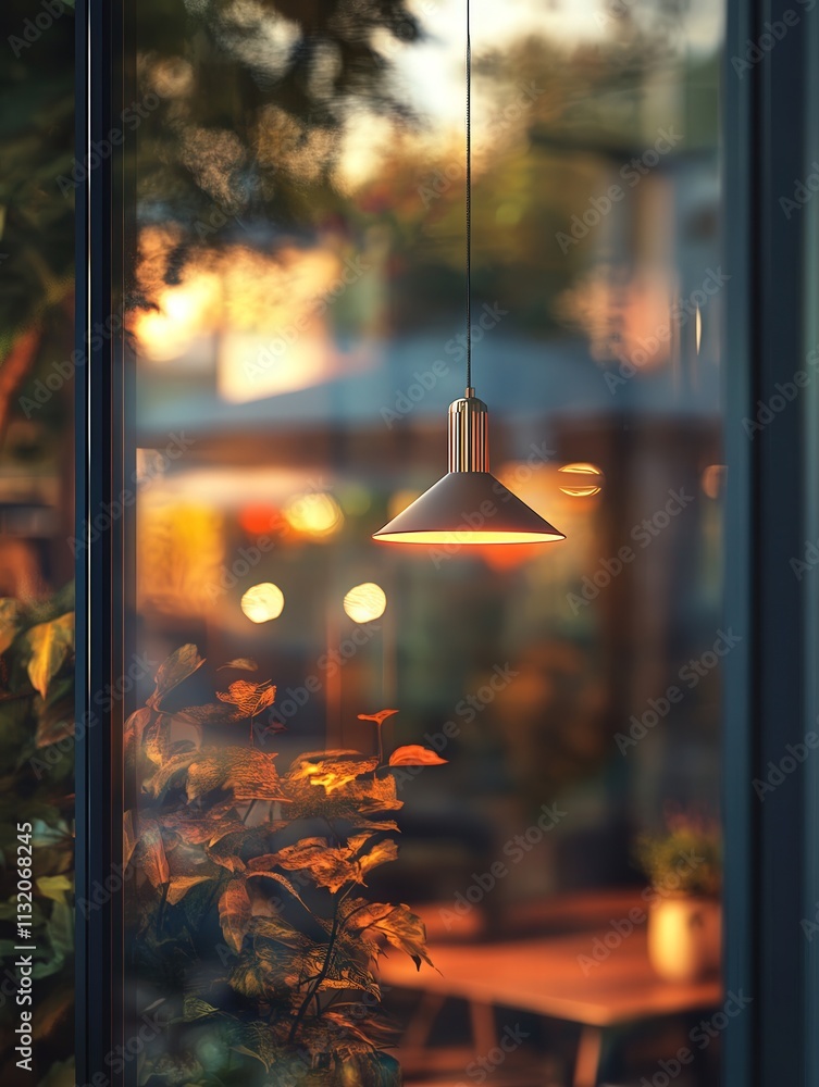 Aufkleber the reflection of a hanging lamp on a window, with its soft glow merging with the surroundings.