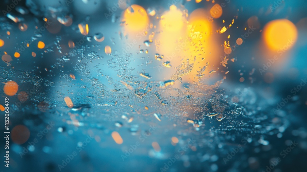 Poster close-up of raindrops on a surface with blurred lights in the background.
