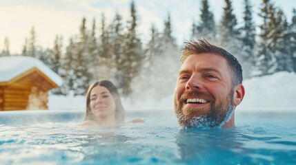 A bearded man and a smiling woman enjoying a steaming outdoor hot tub in a snowy winter landscape with a wooden cabin and snow-covered trees in the background...