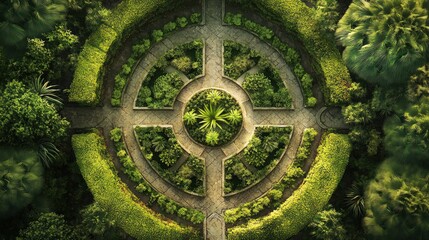 Aerial view of a symmetrical circular garden maze with lush green hedges and pathways, creating an intricate and tranquil geometric nature design.