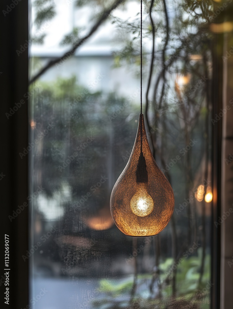 Poster the reflection of a unique hanging lamp on a window.