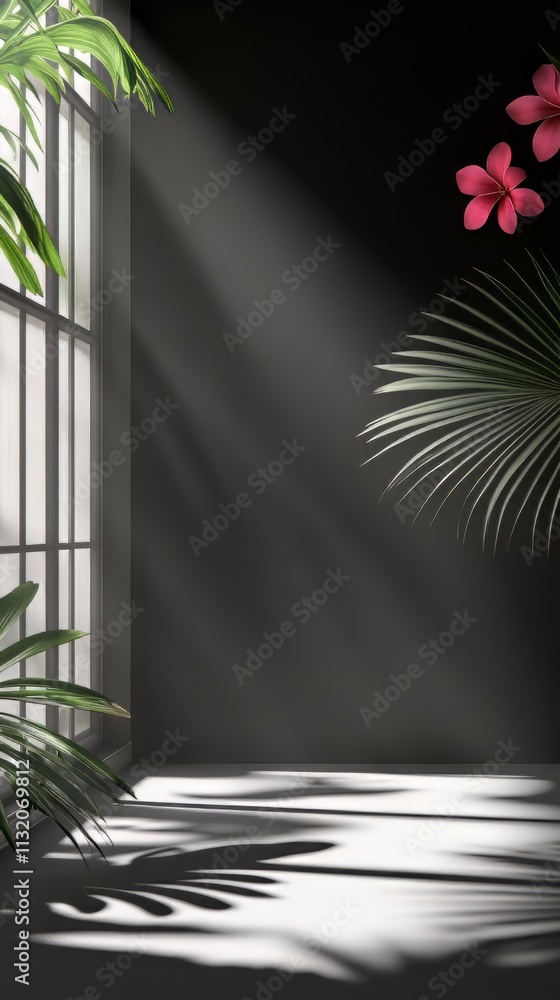Poster abstract studio black background for product presentation. empty room with shadows of window and flo