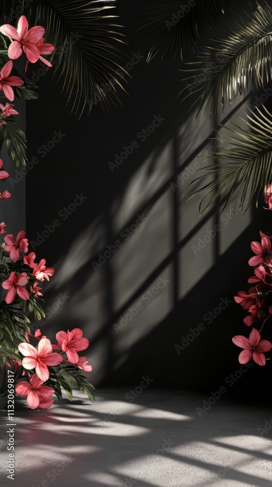 Poster abstract studio black background for product presentation. empty room with shadows of window and flo