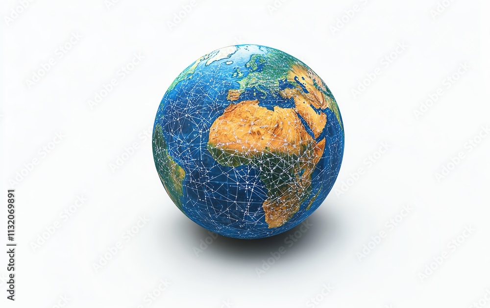 Poster a digital globe featuring interconnected continents and data networks, representing global technolog