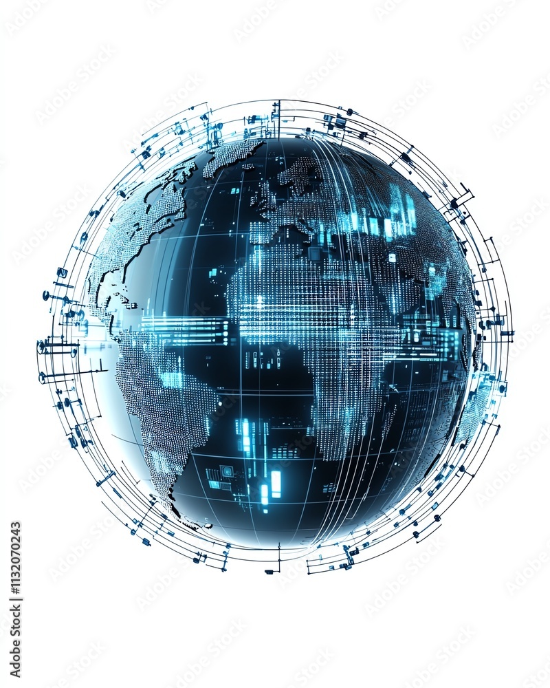Aufkleber a futuristic global sphere with continents linked by digital networks, symbolizing technology and co