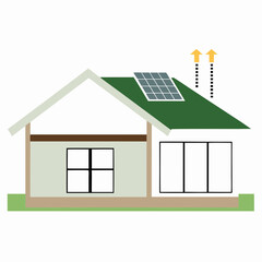 Illustration of eco-friendly house with solar panels and green roof
