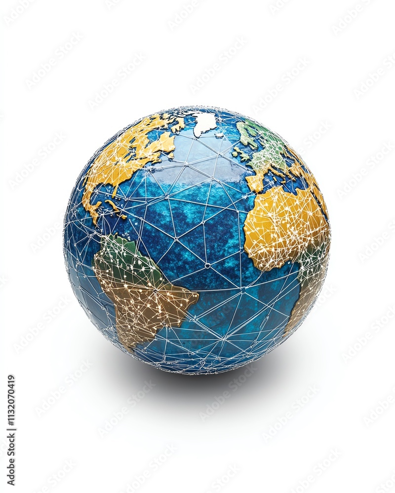 Poster a global sphere depicting interconnected continents and digital networks, symbolizing technology and