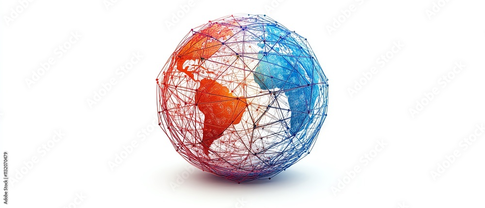Poster a global sphere with digital networks connecting continents, representing the interconnected world o