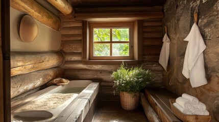 Rustic Log Cabin Bathroom with Stone Wall and Window