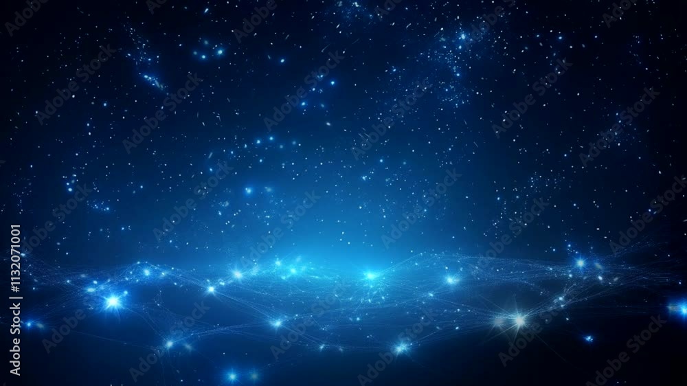 Poster celestial network: a luminous web of interconnected stars and constellations across a deep blue nigh