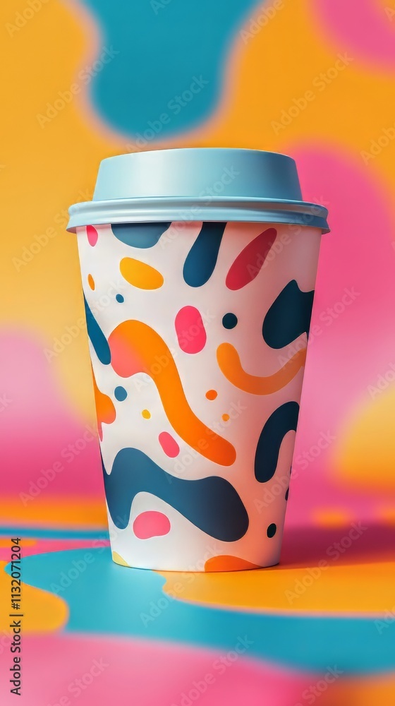 Poster colorful takeaway coffee cup mockup with abstract pattern. dynamic and playful composition. coffeecu