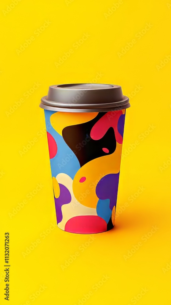 Poster colorful takeaway coffee cup mockup with abstract pattern. dynamic and playful composition. coffeecu