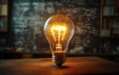A glowing light bulb surrounded by floating mathematical equations, scientific symbols, and formulas, representing creative and innovative thinking