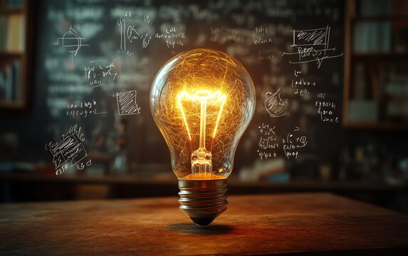 A glowing light bulb surrounded by floating mathematical equations, scientific symbols, and formulas, representing creative and innovative thinking