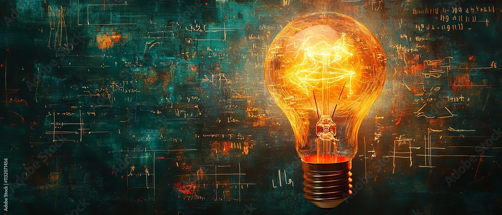 Poster a glowing light bulb with a backdrop of mathematical equations and scientific concepts, representing