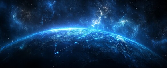 Obraz premium Global network connection, earth at night, glowing lines.