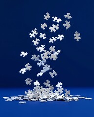 A group of white puzzle pieces on a deep blue background, with one piece floating in midair, symbolizing the quest for completion
