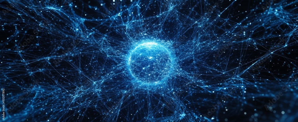 Poster glowing blue sphere surrounded by intricate network.